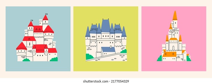 Set of three Medieval Castles. Royal kingdom towers, fortified palace. Old towers, fortress or fairy-tale stone castle. Cartoon style. Hand drawn colored trendy Vector illustration