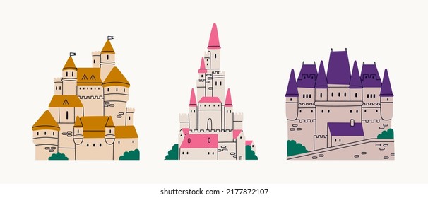 Set of three Medieval Castles. Royal kingdom towers, fortified palace. Old towers, fortress or fairy-tale stone castle. Cartoon style. Hand drawn colored trendy Vector illustration