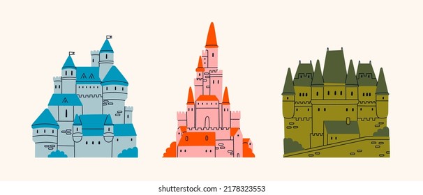 Conjunto de tres castillos medievales. Torres del reino real, palacio fortificado. Torres antiguas, fortaleza o castillo de piedra de cuento de hadas. Estilo de caricatura. Ilustración de Vector de color dibujado a mano