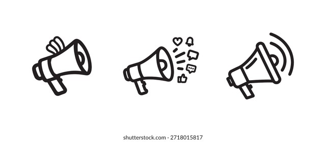 Set of Three Megaphone Icons for Communication and Promotion