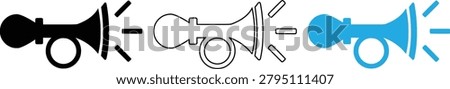 A set of three megaphone icons in different styles and colors, including black, line art, and blue, isolated on white background with bright beams emanating from each