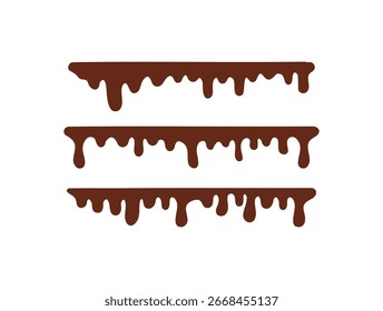 Conjunto de três gotas de chocolate derretido em um fundo branco. Este design simples e plano é ótimo para temas de comida, de1ssert e confeitaria. Facilmente utilizável para planos de fundo, banners e projetos criativos