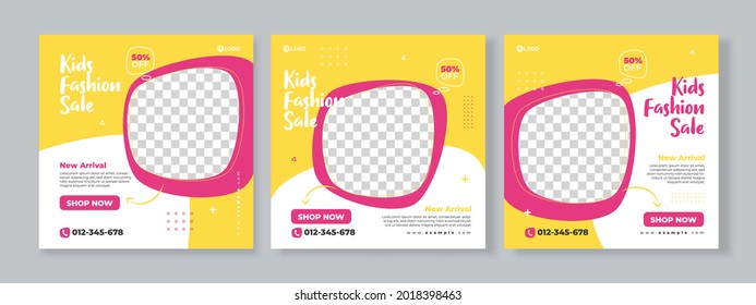 Set of three memphis background of kids fashion sale banner social media pack with yellow pink color template premium vector
