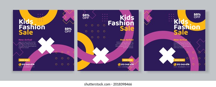 Set of three memphis background of kids fashion sale banner social media pack with purple, pink and yellow color template premium vector