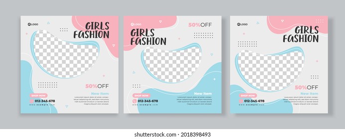 Set Of Three Memphis Background Of Kids Fashion Sale Banner Social Media Pack With Pink Blue Color Template Premium Vector