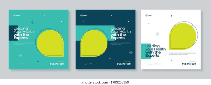 Set of three memphis geometric background of medical agency social media pack template premium vector svg