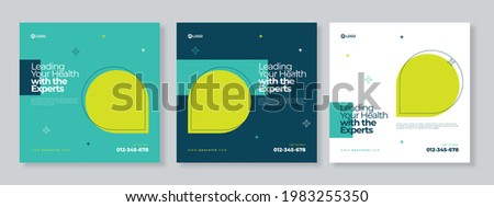 Set of three memphis geometric background of medical agency social media pack template premium vector