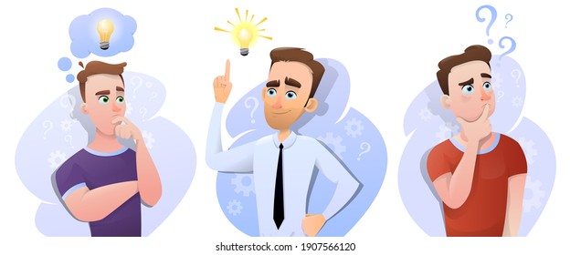 A set of three men in reasoning with ideas and solutions to problems. Office worker and student question marks and light bulb with idea. Vector illustration