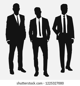 Set Of Three Men In Suits. Black And White Vector Illustration.