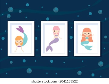 set of three mermaids cards