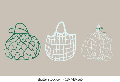 Set of three  mesh bags  eco shopping, plastic free concept. zero waste concept. Cartoon  design