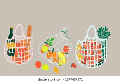 Set of three  mesh bags with various products. eco shopping, plastic free concept. zero waste concept. Cartoon  design