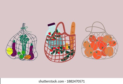Set of three  mesh bags with various products. eco shopping, plastic free concept. zero waste concept. Cartoon  design