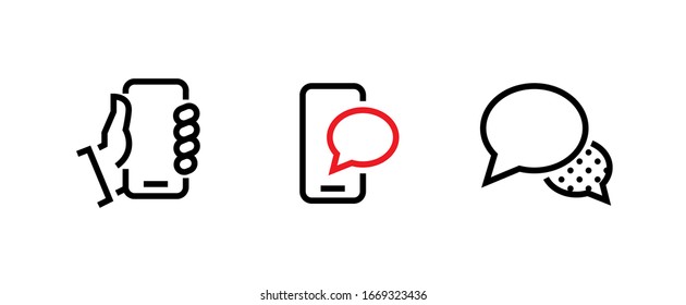 Set of three message elements social icons. Hand holds phone, chat bubble symbol, dialogue balloon element. Editable vector line isolated on a white background. Simple symbol for website.