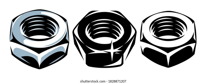 A set of three metal nuts. Vector illustration. Templates for design.