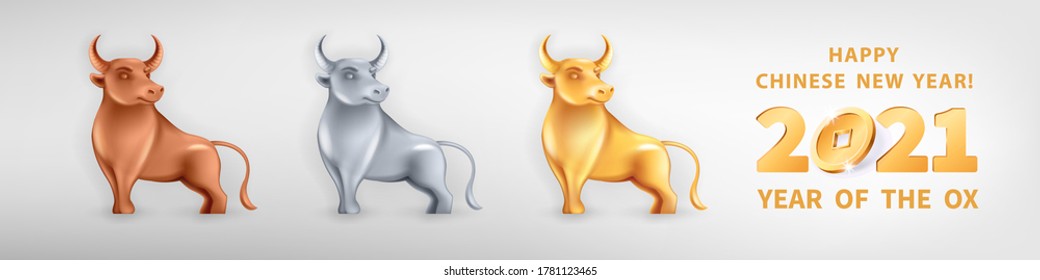 Set of three metallic Bulls different colors. Bronze, silver and golden metal. Ox is a symbol of the 2021 Chinese New Year. Vector illustration of decorative Zodiac Sign of bull