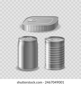 Set Of Three Metallic Containers, Rectangular Sardine Tin, Soda Can, And A Cylindrical Tinned Can, 3d Vector