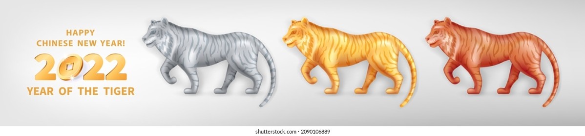 Set of three metallic Tigers different colors. Bronze, silver and golden metal. Tiger is a symbol of the 2022 Chinese New Year. Vector illustration of decorative Zodiac Sign