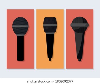 conjunto de tres iconos de micrófonos diseño de ilustración vectorial