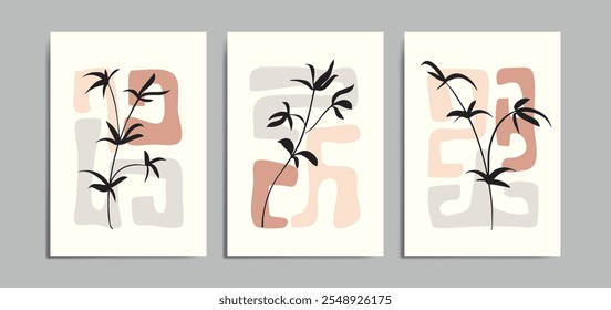 Conjunto de tres fondos de mediados de siglo con Formas abstractas y elemento de hoja. Conveniente para el fondo, el cartel, la cubierta, el arte de la pared, la decoración casera y otra Plantilla.