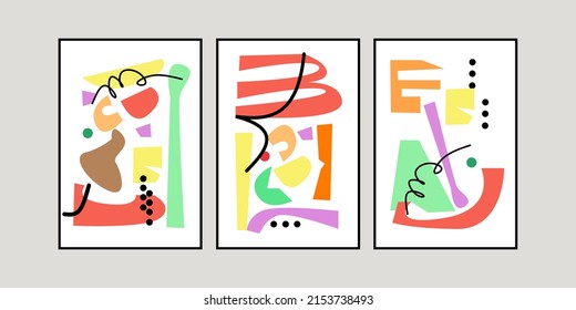 El conjunto de tres murales modernos de mediados de siglo. Decoración de paredes de siglo. Decoración de paredes geométricas. Puede usarse para fondo de escritorio, afiche, medios sociales y fondo.