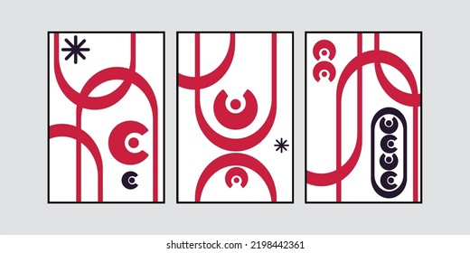 Set von drei modernen Mauer-Kunst aus dem Mittelalter. Sammlung von geometrischen Druckplakaten. Bauhausstil-Einrichtung. Minimalistische Wanddekorationen.
