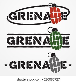 Set of three military text emblems with stylized frag grenades