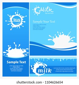 Set of three milk posters, dripping liquid drips and flows down milk on blue & text. Milk advertising. Vector illustration.