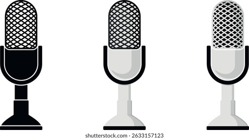 Set of three minimal black and white microphone icons, perfect for podcast, stream, audio apps, or studio branding. Transparent background.
