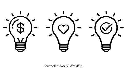 Set of three minimal light bulb icons with dollar sign, heart, and check mark symbols. Represents ideas, finance, creativity, love, and approval. Perfect for business, startup, innovation