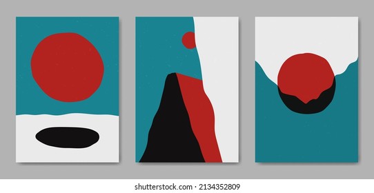 Conjunto de tres Resumen Mínimo y Natural Estética paisaje de medio siglo moderno paisaje de paisaje de boho contemporáneo plantilla de portada de afiches