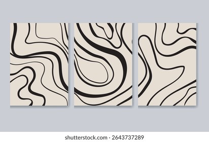  Conjunto de tres estampados de arte abstracto minimalista con líneas onduladas negras sobre un fondo beige suave. Perfecto para interiores modernos, paredes de Galería o diseños decorativos de tonos neutros.