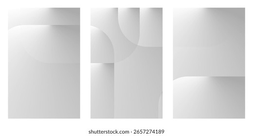 Conjunto de três planos de fundo abstratos minimalistas com gradientes cinza suave e curvas geométricas sutis, ideais para projetos limpos e modernos e apresentações corporativas.