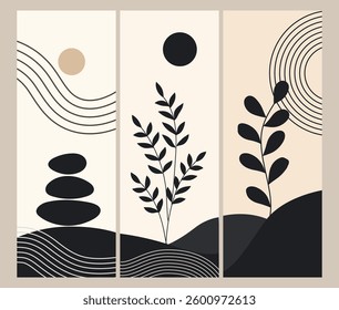  set of three minimalist abstract compositions featuring organic black shapes