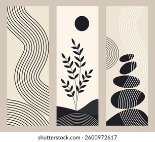  set of three minimalist abstract compositions featuring organic black shapes