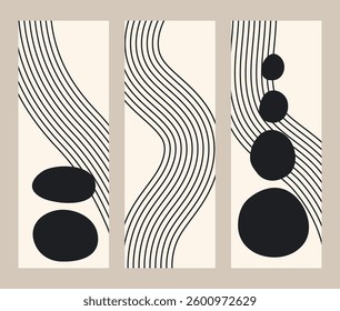  set of three minimalist abstract compositions featuring organic black shapes