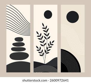  set of three minimalist abstract compositions featuring organic black shapes