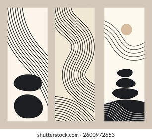  set of three minimalist abstract compositions featuring organic black shapes