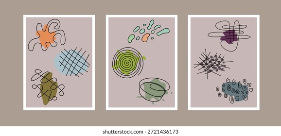 Conjunto de tres carteles abstractos minimalistas con Formas orgánicas y arte lineal. Ilustraciones vectoriales boho modernas para decoración de paredes y marca.