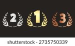 Set of three minimalist award emblems for first, second, and third place. Features bold numbers 1, 2, and 3 enclosed in elegant laurel wreaths in gold, silver, and bronze colors. Ideal for sports rankings, corporate achievement icons, gaming leaderboards, and educational competition results
