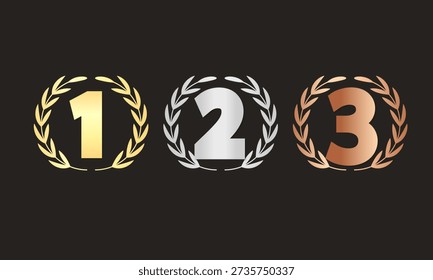 Set of three minimalist award emblems for first, second, and third place. Features bold numbers 1, 2, and 3 enclosed in elegant laurel wreaths in gold, silver, and bronze colors. Ideal for sports rankings, corporate achievement icons, gaming leaderboards, and educational competition results
