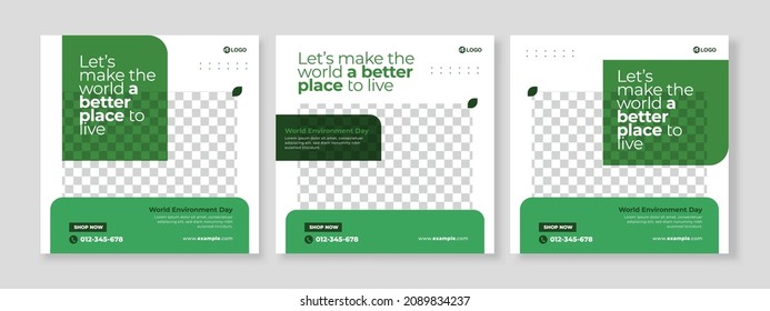 Set of three minimalist background of world environment day of nature promotion banner social media pack template premium vector