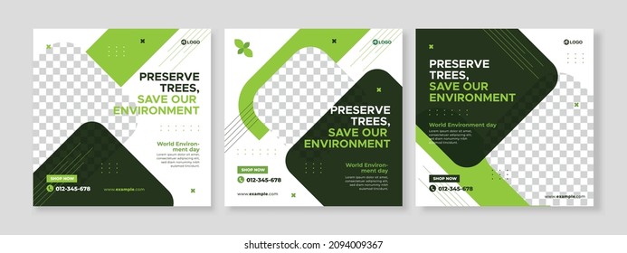 Conjunto de tres antecedentes minimalistas del Día Mundial del Medio Ambiente de la promoción de la naturaleza banner plantilla de paquete de medios sociales premium vector