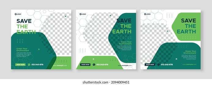 Conjunto de tres antecedentes minimalistas del Día Mundial del Medio Ambiente de la promoción de la naturaleza banner plantilla de paquete de medios sociales premium vector