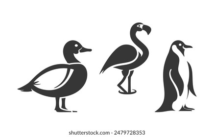 Set Of Three Minimalist Bird Icons Showcasing Duck, Flamingo, Penguin. Black And White Silhouettes With Negative Space