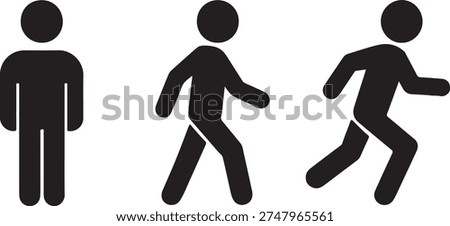 A set of three minimalist black pictograms illustrating a person standing, walking, and running, isolated on a white background.
