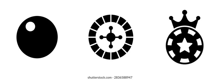 A set of three minimalist black vector icons representing gambling and casino games including a roulette wheel a poker chip with a crown and a ball