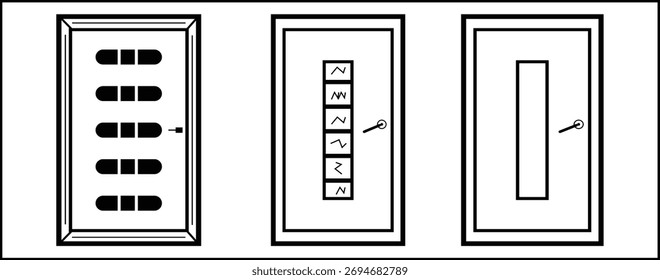 Conjunto de três ícones vetoriais de contorno preto e branco minimalistas mostrando diferentes estilos de porta modernos: uma porta de painel com cápsulas horizontais, uma porta de vidro com um padrão em ziguezague e um conjunto de portas sólidas.