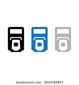 A set of three minimalist camera flash speedlight icons representing photography equipment and lighting accessories in black blue and grey styles