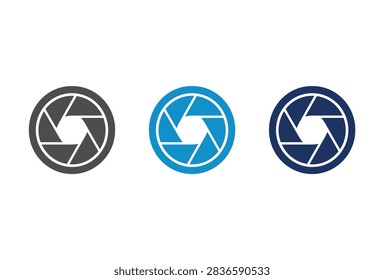 A set of three minimalist camera shutter aperture icons in grey light blue and dark blue colors representing photography optics and digital imaging technology